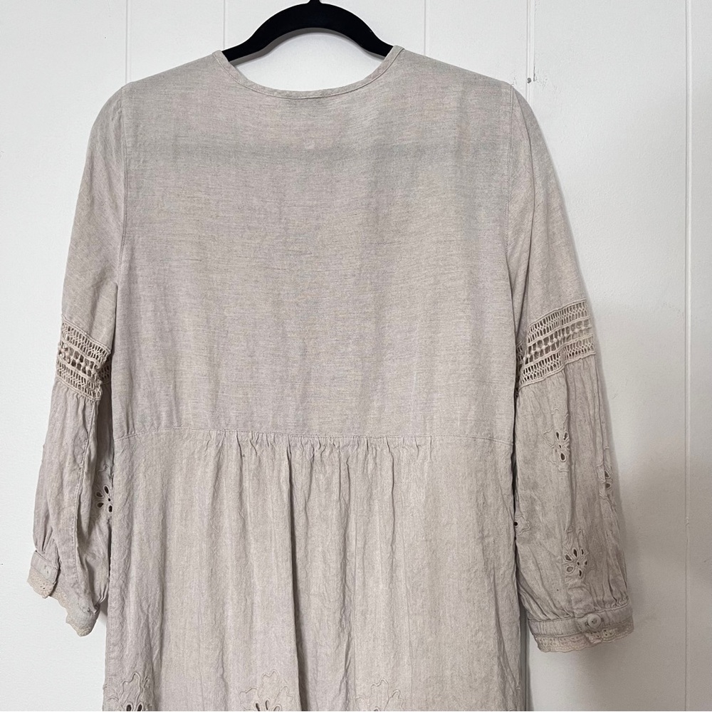 Tommy Bahama St. Lucia Linen Tan Eyelet Mini Dress Coastal Balloon Sleeve Size S - Picture 4 of 10
